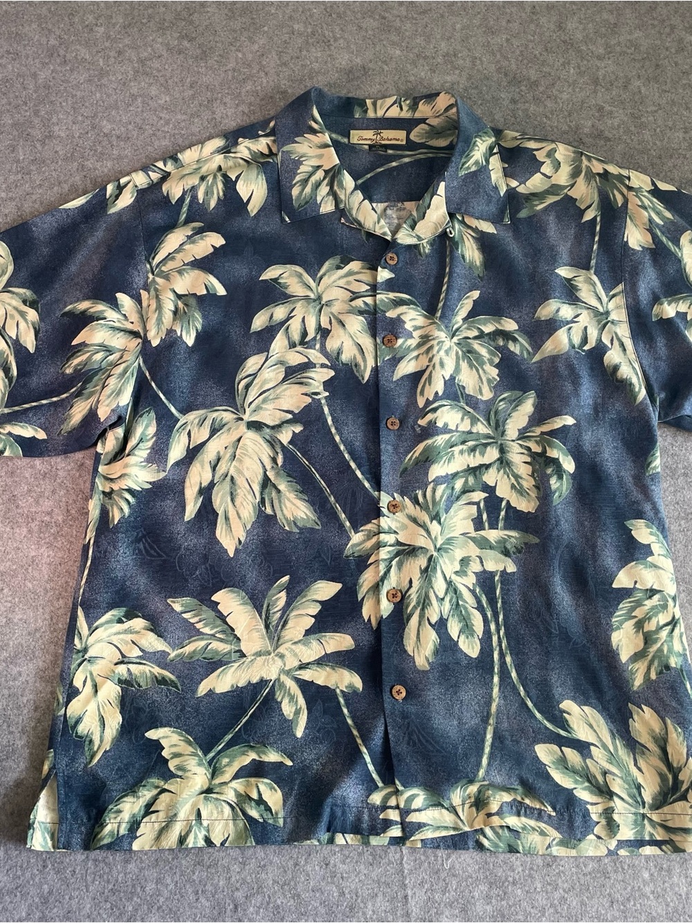 Tommy Bahama Navy and Cream Palm-Print Short Sleeve Shirt